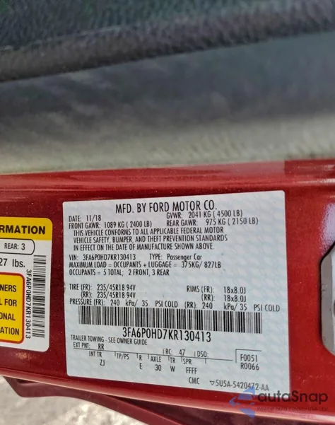 2019 Ford Fusion Se z USA, uszkodzony, nr VIN 3FA6P0HD7KR130413